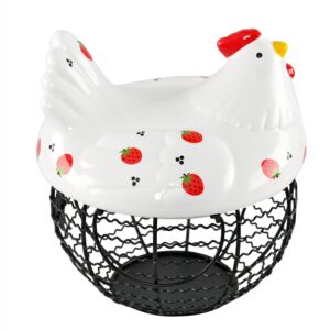 HOME-X Chicken Egg Basket for Egg Storage, Ceramic and Iron Decorative Basket with Chicken Design, Farmhouse Kitchen Decor, Holds 20–25 Eggs, Strawberry Print