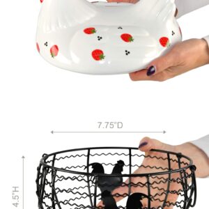 HOME-X Chicken Egg Basket for Egg Storage, Ceramic and Iron Decorative Basket with Chicken Design, Farmhouse Kitchen Decor, Holds 20–25 Eggs, Strawberry Print