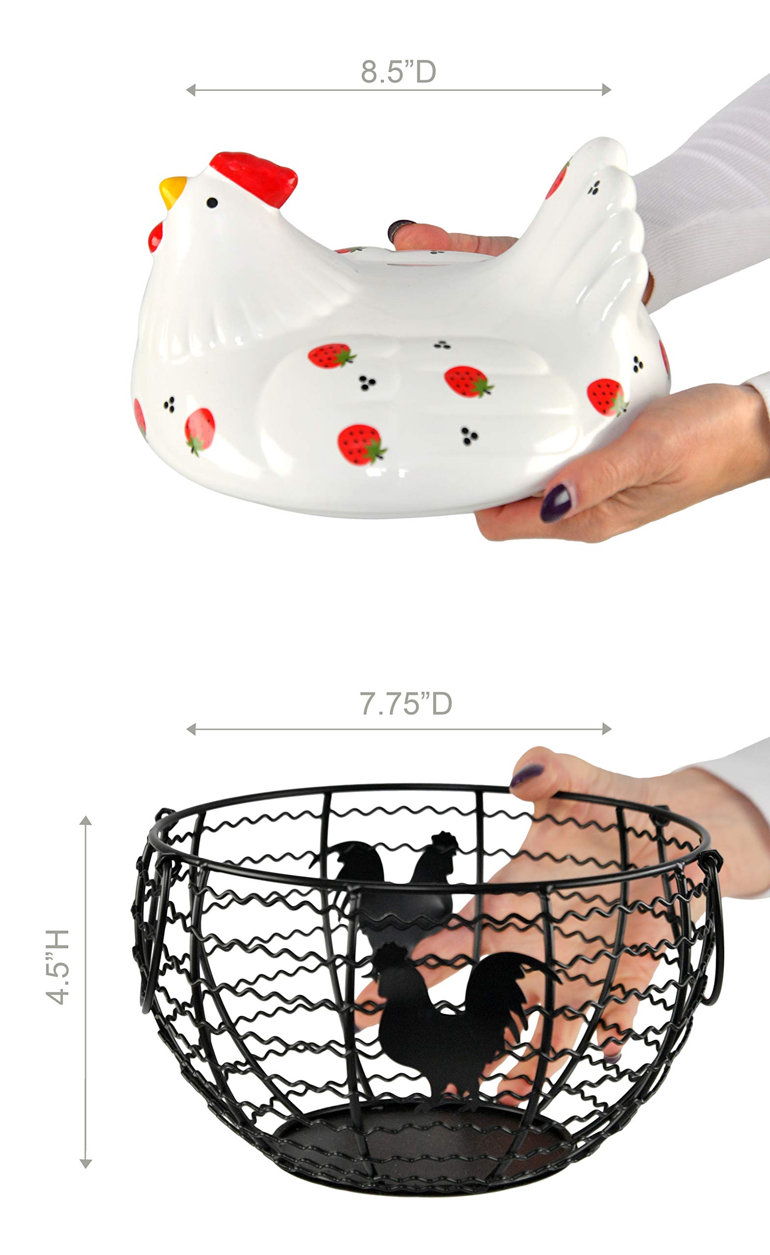 HOME-X Chicken Egg Basket for Egg Storage, Ceramic and Iron Decorative Basket with Chicken Design, Farmhouse Kitchen Decor, Holds 20–25 Eggs, Strawberry Print