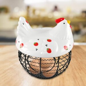 HOME-X Chicken Egg Basket for Egg Storage, Ceramic and Iron Decorative Basket with Chicken Design, Farmhouse Kitchen Decor, Holds 20–25 Eggs, Strawberry Print