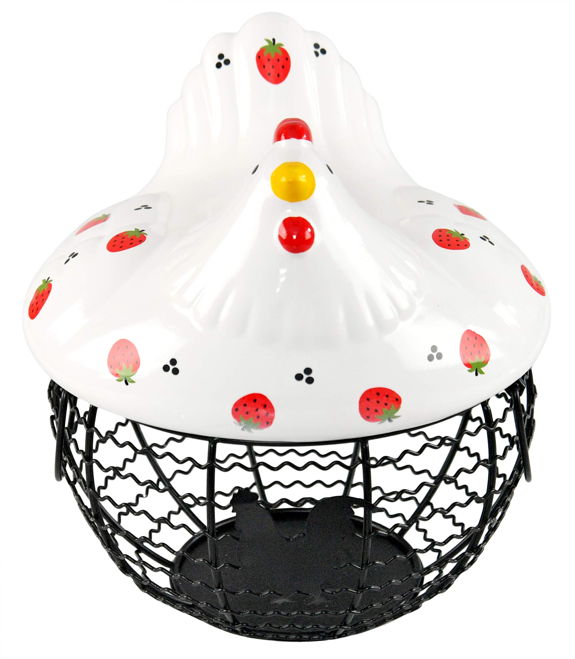 HOME-X Chicken Egg Basket for Egg Storage, Ceramic and Iron Decorative Basket with Chicken Design, Farmhouse Kitchen Decor, Holds 20–25 Eggs, Strawberry Print