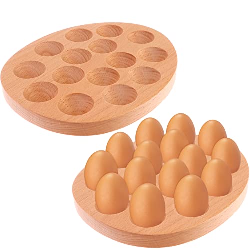 2 Packs 15 Holes Wooden Deviled Egg Plate Easter Egg Tray Egg Holder for Fresh Egg Oval Wooden Egg Storage Container for Kitchen Cabinets Display or Storage-9.6x8.1in