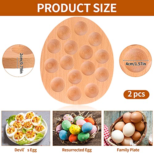 2 Packs 15 Holes Wooden Deviled Egg Plate Easter Egg Tray Egg Holder for Fresh Egg Oval Wooden Egg Storage Container for Kitchen Cabinets Display or Storage-9.6x8.1in