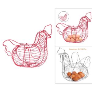 MERIGLARE Rustic Storage Basket Metal Wire Hen Shaped Snack Fruit Egg Basket Pink Wire Holder with Handles for Kitchen