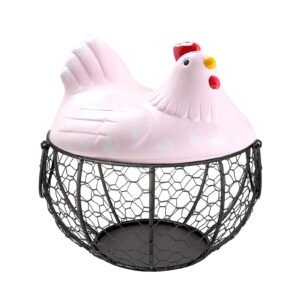 qube eggs basket,eggs storage iron basket with ceramic chicken lid, metal wire hen egg basket container,eggs holder box for storing fruits, vegetables (pink), 20 x 15 x 7.3 cm