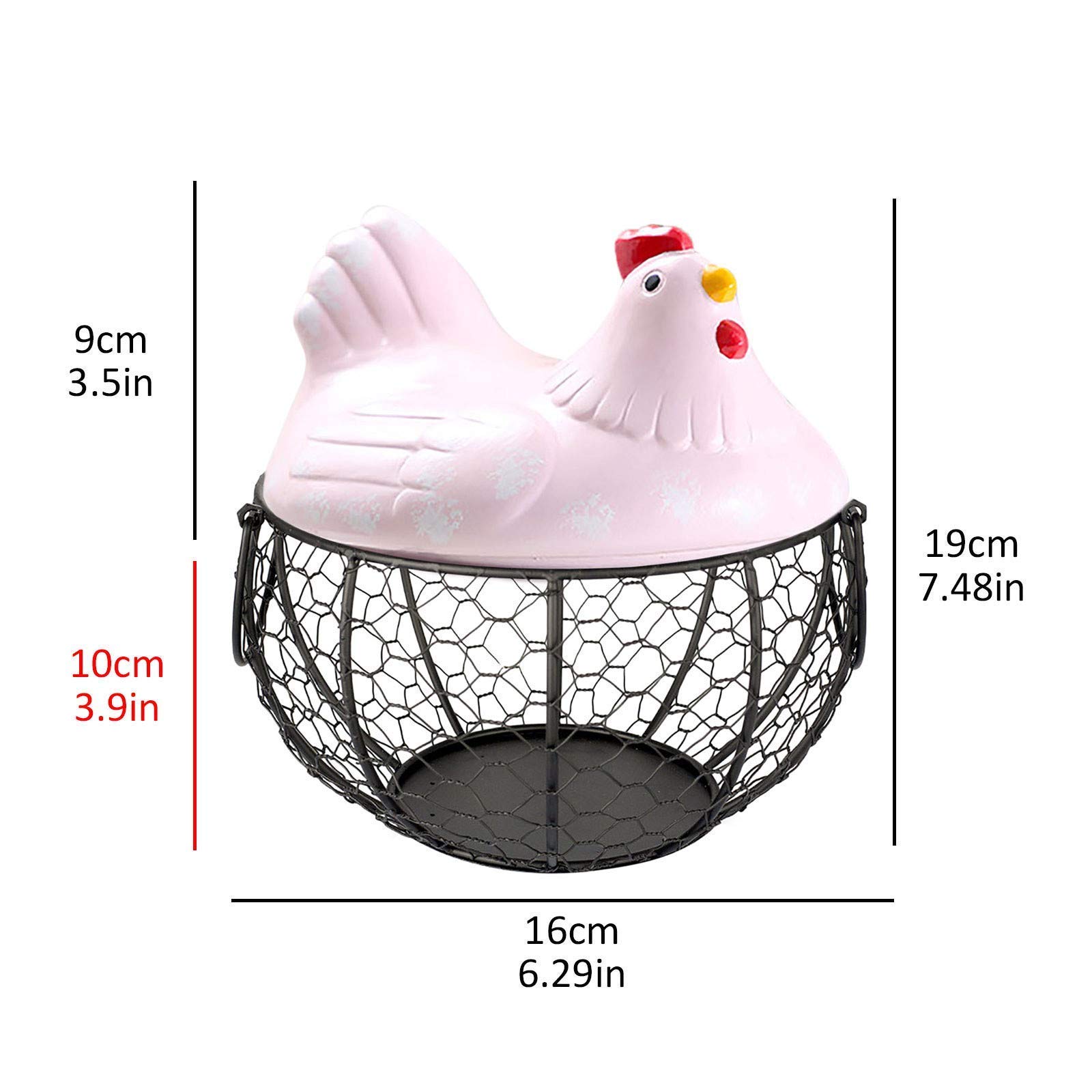 Qube Eggs Basket,Eggs Storage Iron Basket with Ceramic Chicken Lid, Metal Wire Hen Egg Basket Container,Eggs Holder Box for Storing Fruits, Vegetables (Pink), 20 x 15 x 7.3 cm