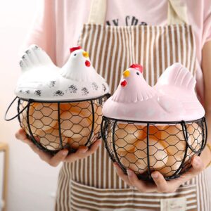 Qube Eggs Basket,Eggs Storage Iron Basket with Ceramic Chicken Lid, Metal Wire Hen Egg Basket Container,Eggs Holder Box for Storing Fruits, Vegetables (Pink), 20 x 15 x 7.3 cm