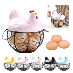 Qube Eggs Basket,Eggs Storage Iron Basket with Ceramic Chicken Lid, Metal Wire Hen Egg Basket Container,Eggs Holder Box for Storing Fruits, Vegetables (Pink), 20 x 15 x 7.3 cm