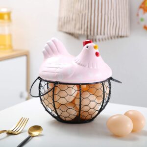 Qube Eggs Basket,Eggs Storage Iron Basket with Ceramic Chicken Lid, Metal Wire Hen Egg Basket Container,Eggs Holder Box for Storing Fruits, Vegetables (Pink), 20 x 15 x 7.3 cm