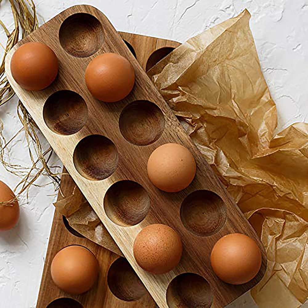 Faym Wooden Bamboo Egg Holder for Countertop or Refrigerator Great for Storage and Display Holds 12 Eggs Egg Tray Wooden Egg Skelter Deviled Egg Holder 12 Holes Egg Plate