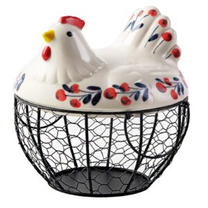 anxvers creative ceramic egg basket, metal net basket, egg storage basket, white ceramic decorative chicken top and metal handle, fruit and potato storage basket, kitchen decoration