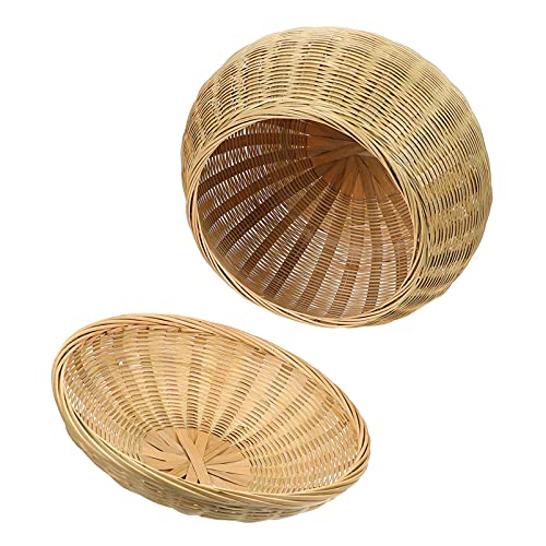 YARNOW Bamboo Woven Basket with Lid Rattan Braid Chess Cans Wicker Bowls Round Seagrass Baskets Boho Home Decor for Home Kitchen Snake Appetizer Food Storage 28X28CM