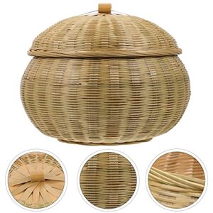 YARNOW Bamboo Woven Basket with Lid Rattan Braid Chess Cans Wicker Bowls Round Seagrass Baskets Boho Home Decor for Home Kitchen Snake Appetizer Food Storage 28X28CM