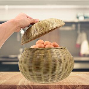 YARNOW Bamboo Woven Basket with Lid Rattan Braid Chess Cans Wicker Bowls Round Seagrass Baskets Boho Home Decor for Home Kitchen Snake Appetizer Food Storage 28X28CM