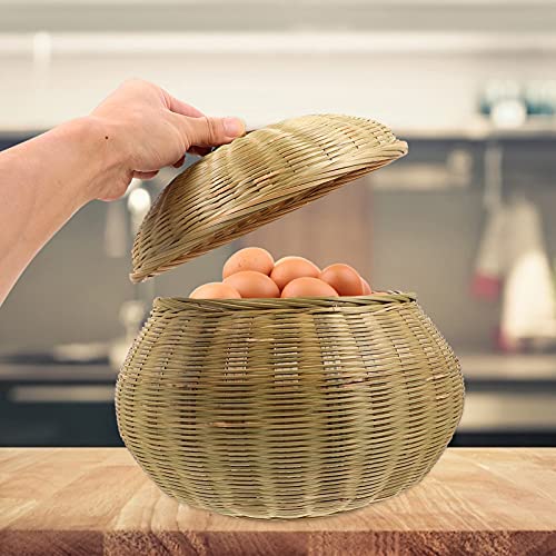 YARNOW Bamboo Woven Basket with Lid Rattan Braid Chess Cans Wicker Bowls Round Seagrass Baskets Boho Home Decor for Home Kitchen Snake Appetizer Food Storage 28X28CM