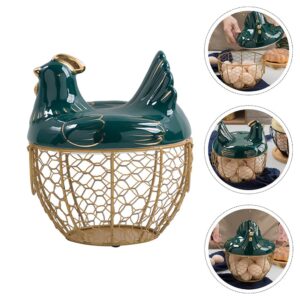 Hemoton Metal Wire Egg Basket Chicken Egg Storage Skelter Basket with Ceramic Farm Chicken Cover Egg Holder Organizer Container