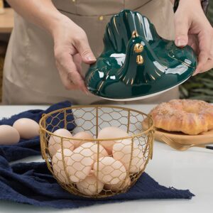 Hemoton Metal Wire Egg Basket Chicken Egg Storage Skelter Basket with Ceramic Farm Chicken Cover Egg Holder Organizer Container