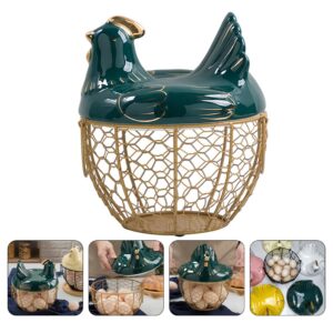 Hemoton Metal Wire Egg Basket Chicken Egg Storage Skelter Basket with Ceramic Farm Chicken Cover Egg Holder Organizer Container