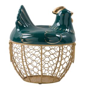 Hemoton Metal Wire Egg Basket Chicken Egg Storage Skelter Basket with Ceramic Farm Chicken Cover Egg Holder Organizer Container