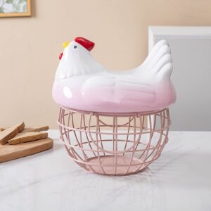 Egg Basket Chicken Decor Mesh Wire Egg Storage Basket with Ceramic Chicken Lid, Farmhouse Egg Holder for Refrigerator Egg Baskets for Fresh Eggs Pink