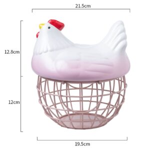 Egg Basket Chicken Decor Mesh Wire Egg Storage Basket with Ceramic Chicken Lid, Farmhouse Egg Holder for Refrigerator Egg Baskets for Fresh Eggs Pink