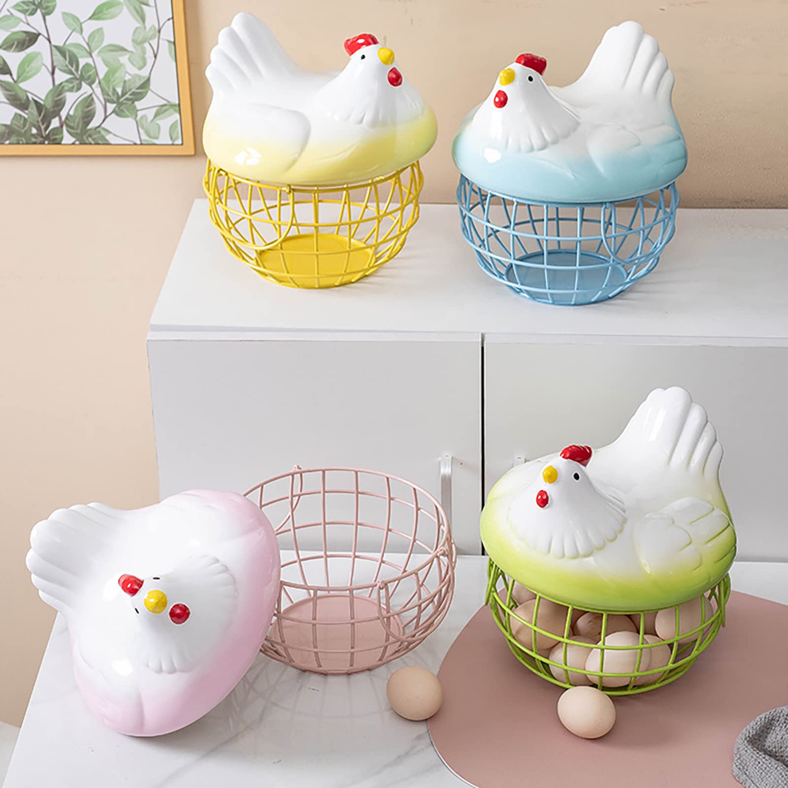 Egg Basket Chicken Decor Mesh Wire Egg Storage Basket with Ceramic Chicken Lid, Farmhouse Egg Holder for Refrigerator Egg Baskets for Fresh Eggs Pink