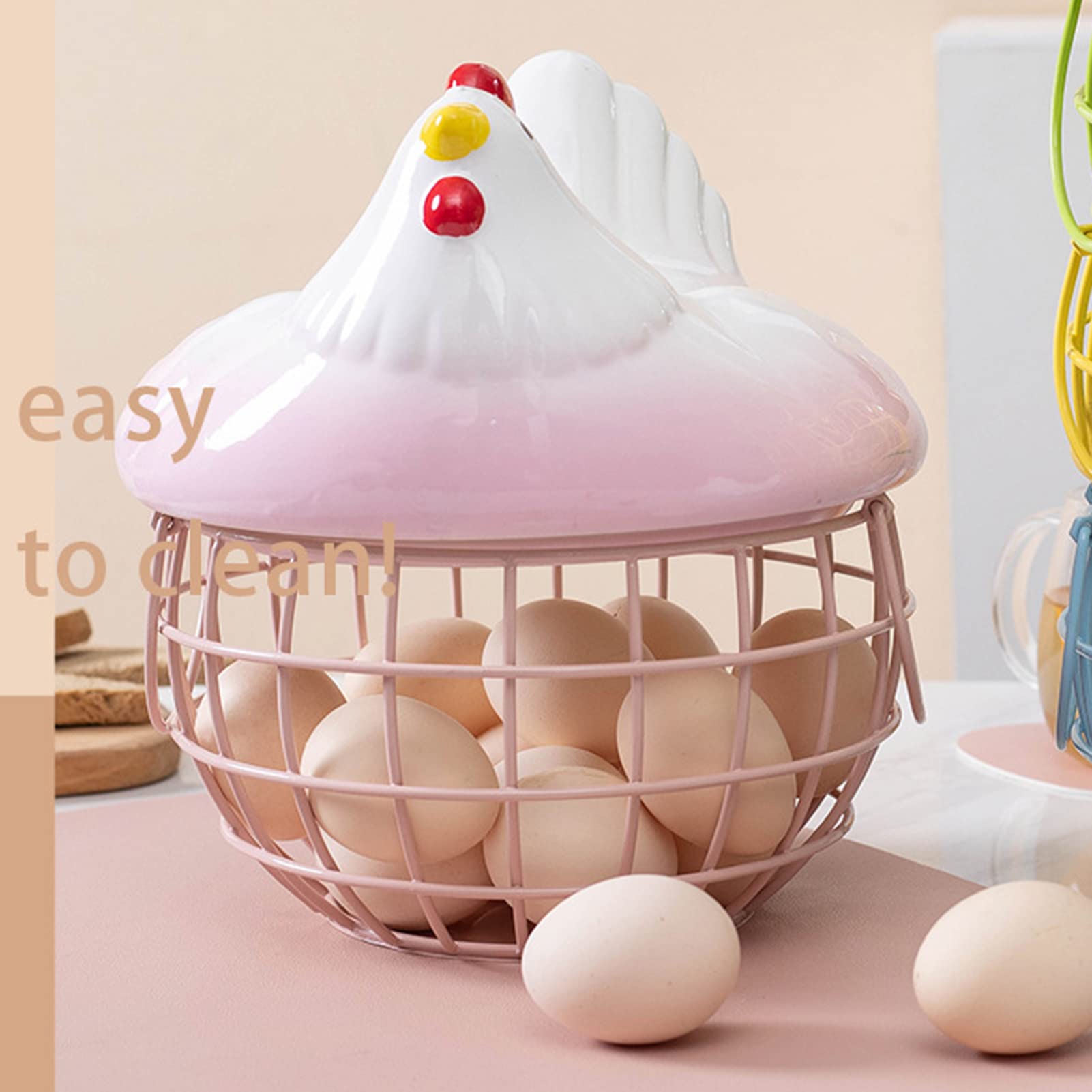 Egg Basket Chicken Decor Mesh Wire Egg Storage Basket with Ceramic Chicken Lid, Farmhouse Egg Holder for Refrigerator Egg Baskets for Fresh Eggs Pink