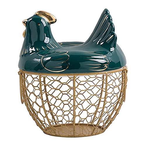 Egg Basket Metal Wire Fruit Basket with Chicken Shape Lid Ceramic Egg Holder, Holds 30 Eggs