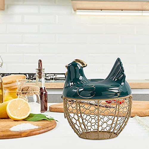 Egg Basket Metal Wire Fruit Basket with Chicken Shape Lid Ceramic Egg Holder, Holds 30 Eggs