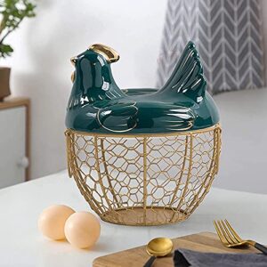 Egg Basket Metal Wire Fruit Basket with Chicken Shape Lid Ceramic Egg Holder, Holds 30 Eggs