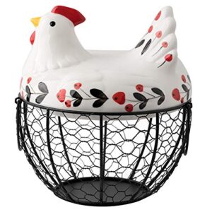 surveel black wire egg storage basket with ceramic chicken shaped top egg basket with handles for fresh eggs cute chicken kitchen home décor