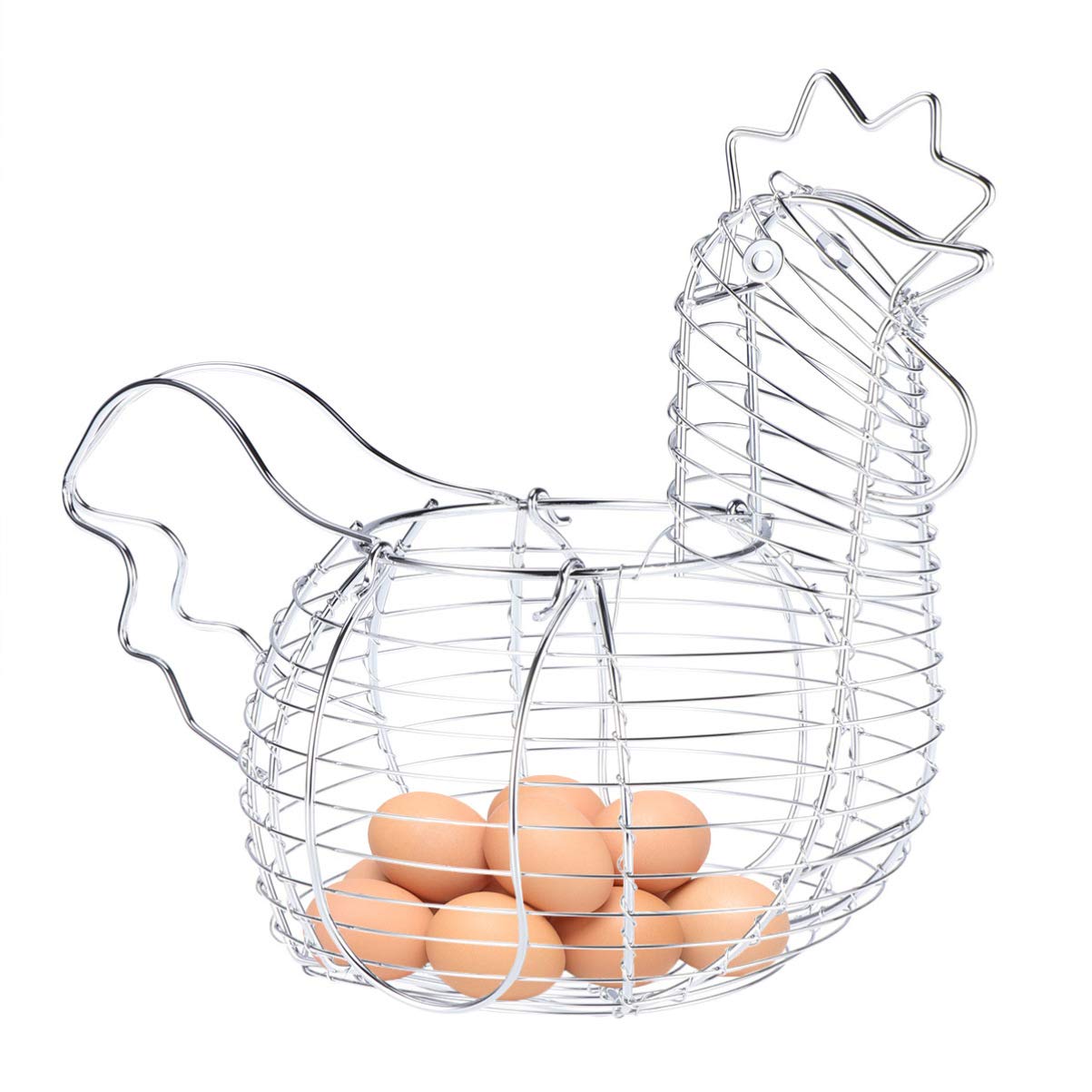 BESTonZON Chicken Shaped Metal Wire Egg Baskets, Rustic Round Baskets for Fresh Eggs, Vintage Storage Egg Collecting Basket, Silver