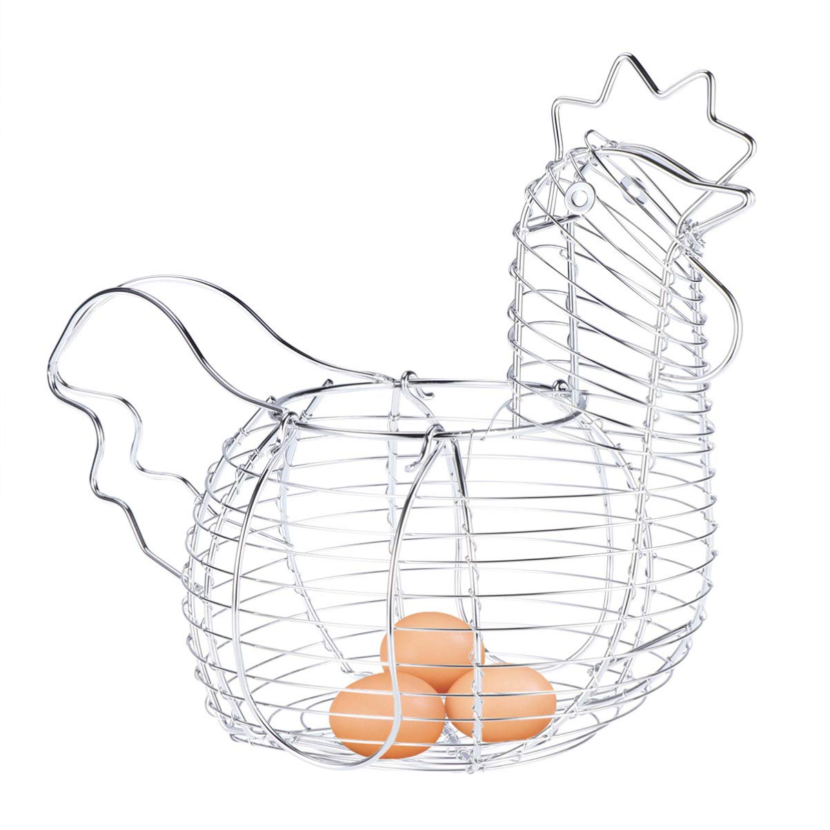 BESTonZON Chicken Shaped Metal Wire Egg Baskets, Rustic Round Baskets for Fresh Eggs, Vintage Storage Egg Collecting Basket, Silver
