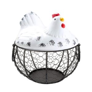 qube eggs basket,eggs storage iron basket with ceramic chicken lid, metal wire hen egg basket container,eggs holder box for storing fruits, vegetables (white), 20 x 15 x 7.3 cm