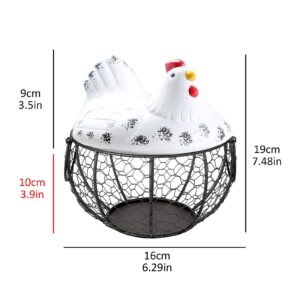 Qube Eggs Basket,Eggs Storage Iron Basket with Ceramic Chicken Lid, Metal Wire Hen Egg Basket Container,Eggs Holder Box for Storing Fruits, Vegetables (White), 20 x 15 x 7.3 cm