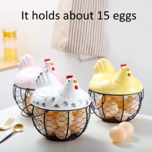 Qube Eggs Basket,Eggs Storage Iron Basket with Ceramic Chicken Lid, Metal Wire Hen Egg Basket Container,Eggs Holder Box for Storing Fruits, Vegetables (White), 20 x 15 x 7.3 cm