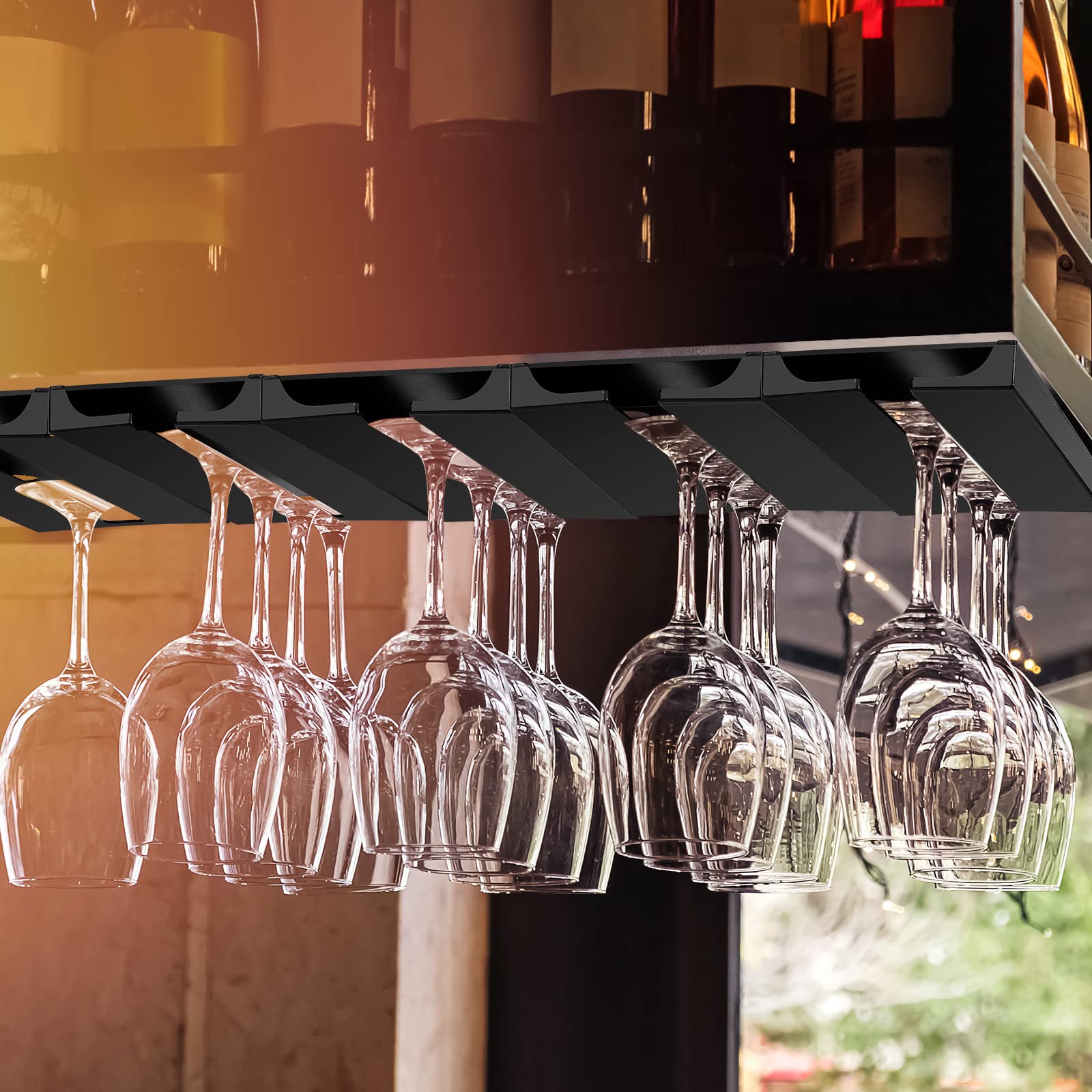 Rtteri 6 Pcs Under Cabinet Wine Glass Rack 10 x 4.3 x 0.8 Inches Plastic Wine Glass Holder Under Shelf Punch Free Wine Glass Hanger Hanging Stemware Rack for Kitchen Bar Cup Goblets Organizer, Black