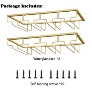 MATILODI Wine Glass Rack - Under Cabinet Stemware Wine Glass Holder - Wine Glasses Storage Hanger Metal Organizer for Cabinet Kitchen Bar (Gold, 4 Rows 2 Pack)