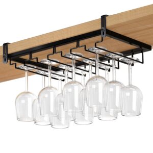 budo wine glass rack under cabinet, 4 rows nail free wine glass holder under shelf, adjustable stemware storage drying hanger organizer for kitchen cabinet bar (black)