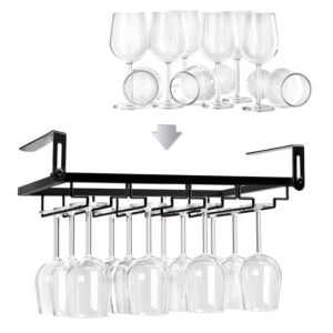 BUDO Wine Glass Rack Under Cabinet, 4 Rows Nail Free Wine Glass Holder Under Shelf, Adjustable Stemware Storage Drying Hanger Organizer for Kitchen Cabinet Bar (Black)