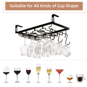 BUDO Wine Glass Rack Under Cabinet, 4 Rows Nail Free Wine Glass Holder Under Shelf, Adjustable Stemware Storage Drying Hanger Organizer for Kitchen Cabinet Bar (Black)