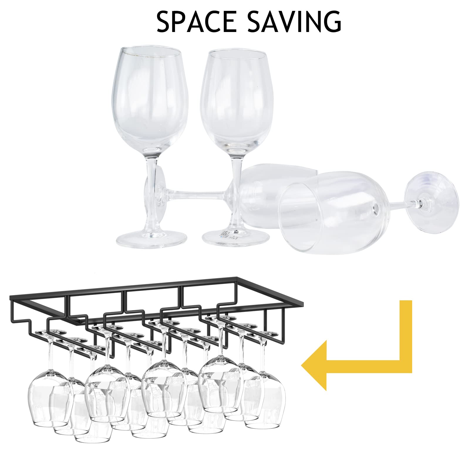 Wtiujhg Wine Glass Rack, 2 Pack Under Cabinet Stemware Rack Wine Glass Holder, 4 Rows Black Metal Wine Glass Storage Hanger Under Shelf for Cabinet Kitchen Bar