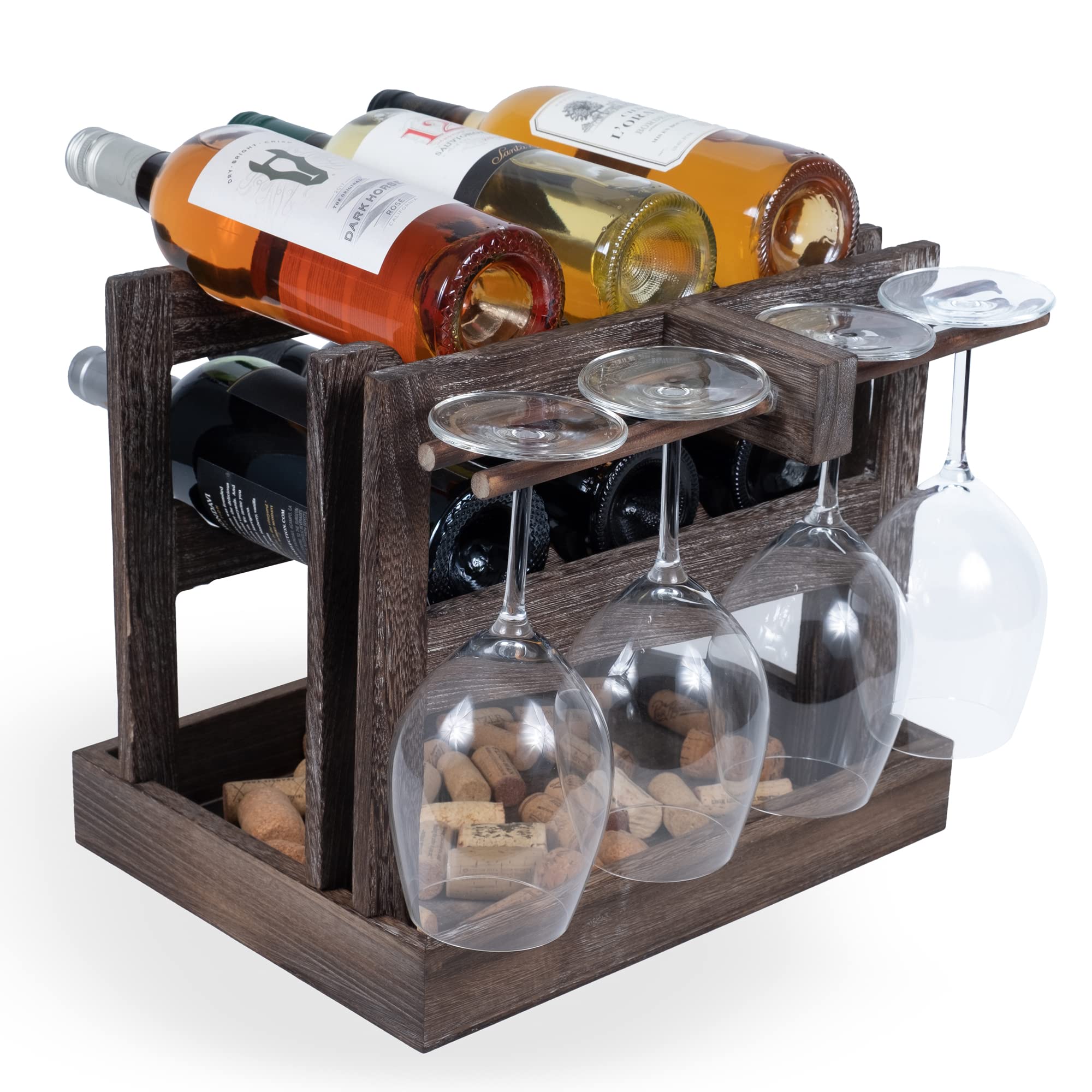 Rustic State Yapincak Countertop Wood Wine Rack for 6 Bottles and 4 Stemware Glass Holder Cork Storage Tabletop Tray Freestanding Organizer - Home, Kitchen, Dining Room Bar Décor - Burnt Brown