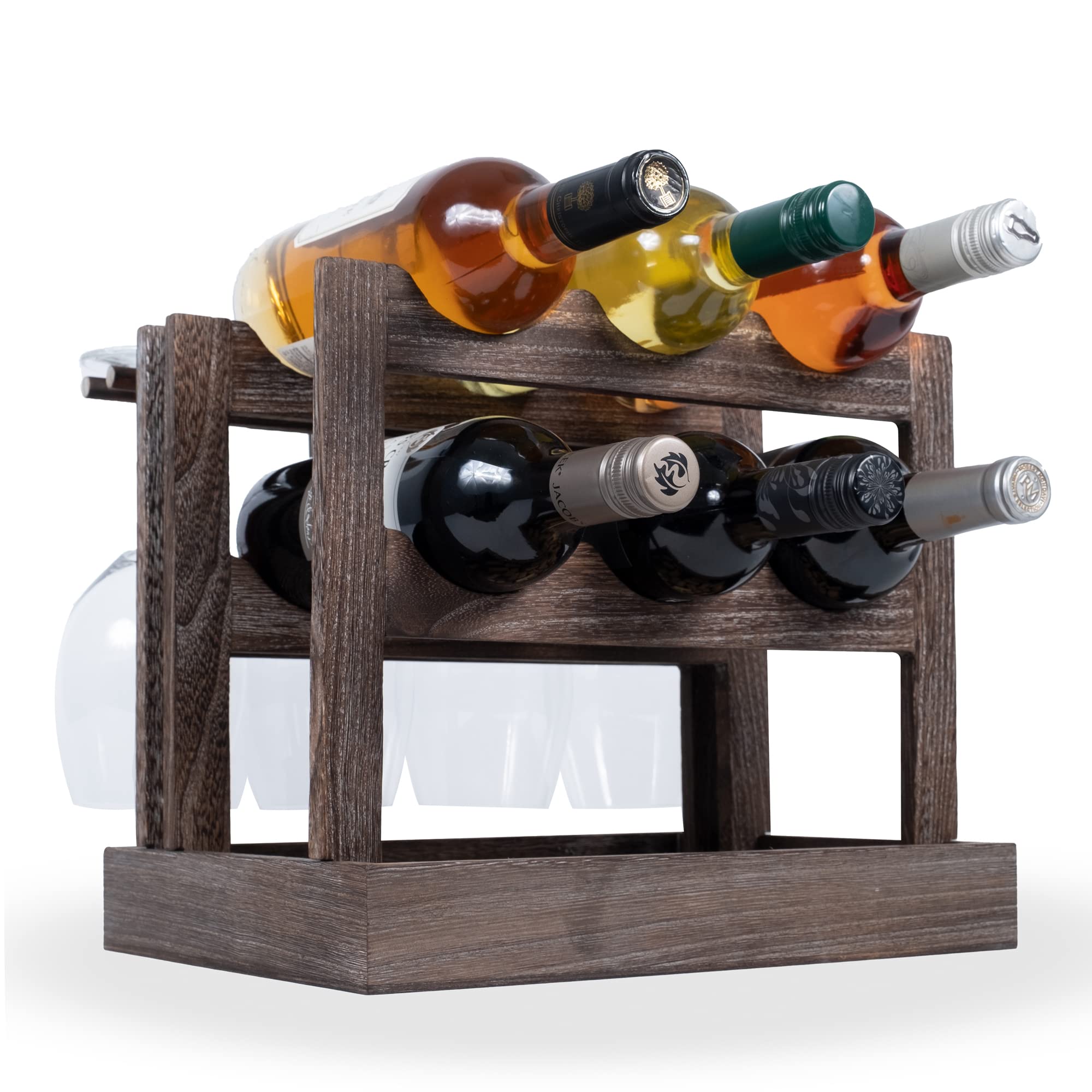 Rustic State Yapincak Countertop Wood Wine Rack for 6 Bottles and 4 Stemware Glass Holder Cork Storage Tabletop Tray Freestanding Organizer - Home, Kitchen, Dining Room Bar Décor - Burnt Brown