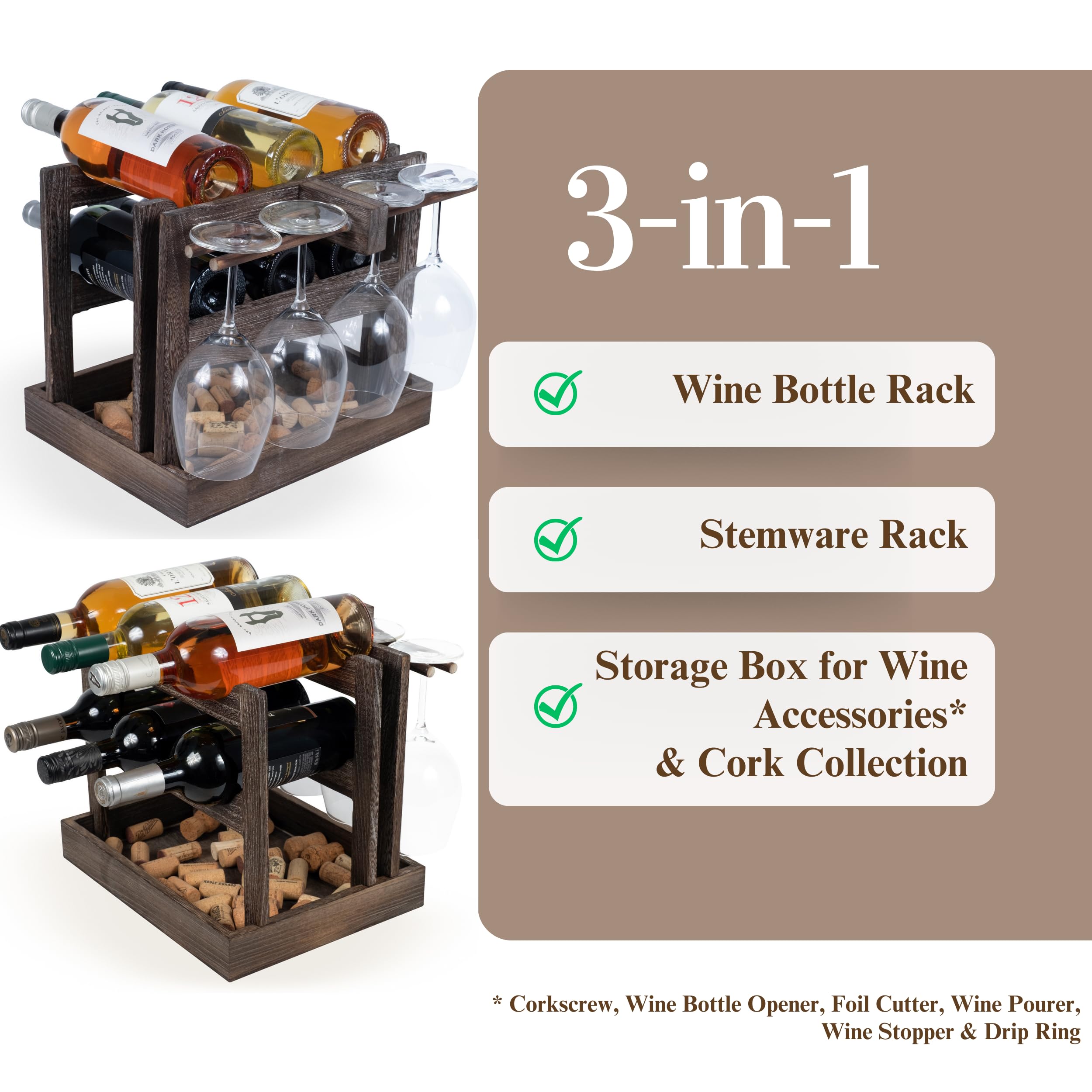 Rustic State Yapincak Countertop Wood Wine Rack for 6 Bottles and 4 Stemware Glass Holder Cork Storage Tabletop Tray Freestanding Organizer - Home, Kitchen, Dining Room Bar Décor - Burnt Brown