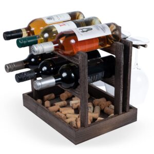 Rustic State Yapincak Countertop Wood Wine Rack for 6 Bottles and 4 Stemware Glass Holder Cork Storage Tabletop Tray Freestanding Organizer - Home, Kitchen, Dining Room Bar Décor - Burnt Brown