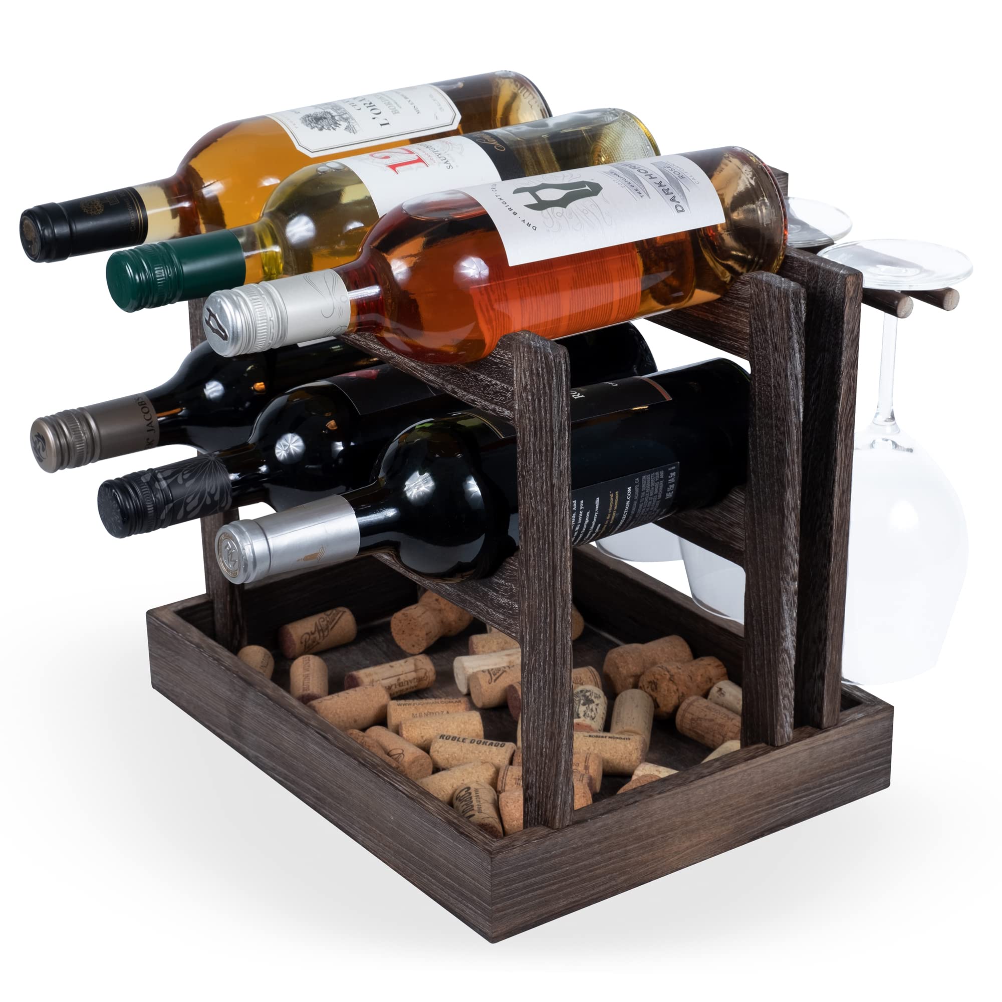 Rustic State Yapincak Countertop Wood Wine Rack for 6 Bottles and 4 Stemware Glass Holder Cork Storage Tabletop Tray Freestanding Organizer - Home, Kitchen, Dining Room Bar Décor - Burnt Brown