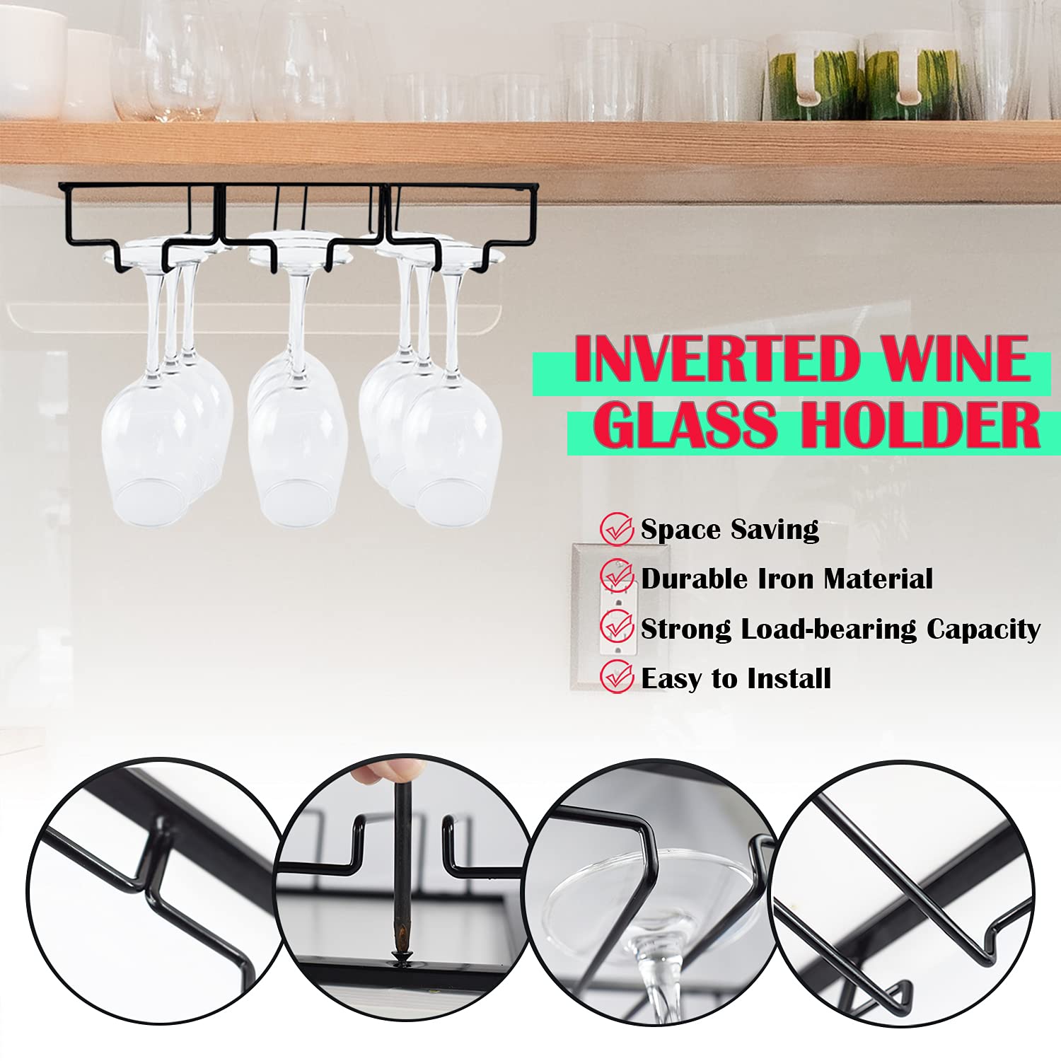 AMUFYSHH 3 Rows Wine Glass Rack for Under Cabinet, Hanging Wine Glasses Metal Stemware Racks, Storage Organizer for Kitchen Cabinet Bar(SINGLE)