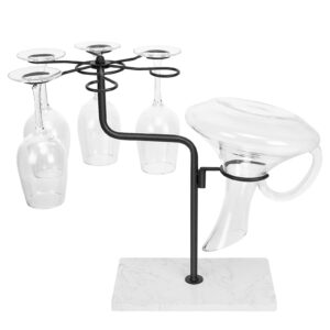 harjue wine glass holder with marble base, countertop wine glass rack stand for 6 wine cups and 1 decanter, tabletop freestanding stemware organizer for kitchen home bar cabinet, matte black