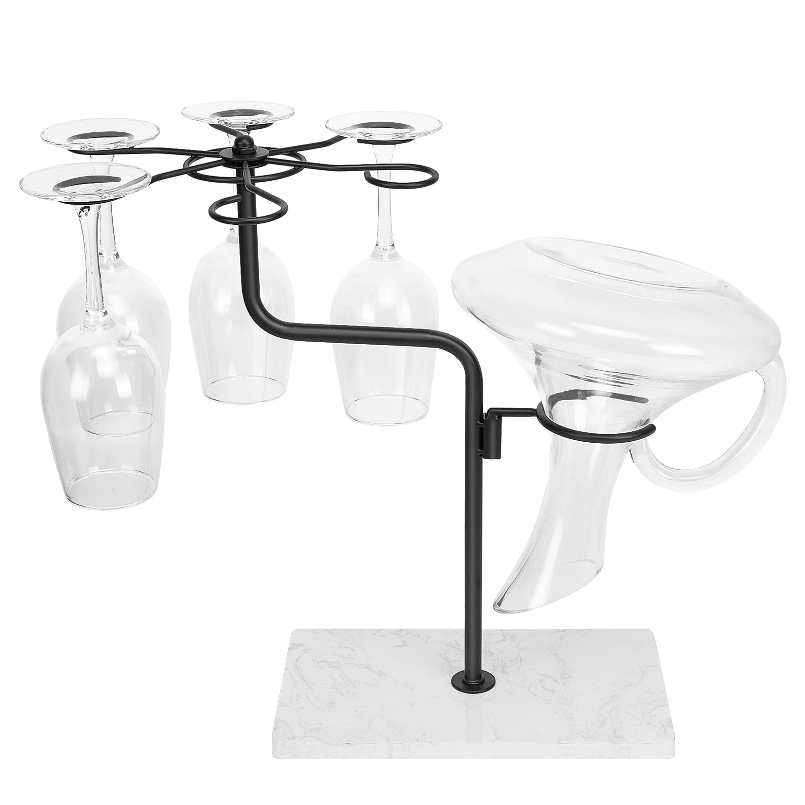 HarJue Wine Glass Holder with Marble Base, Countertop Wine Glass Rack Stand for 6 Wine Cups and 1 Decanter, Tabletop Freestanding Stemware Organizer for Kitchen Home Bar Cabinet, Matte Black